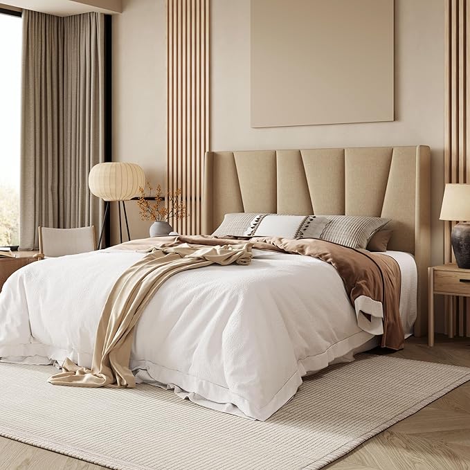 Allewie Full Size Platform Bed Frame with Geometric Wingback Headboard, Boho Upholstered Bed with Wooden Slats Support, No Box Spring Needed, Easy Assembly, Beige
