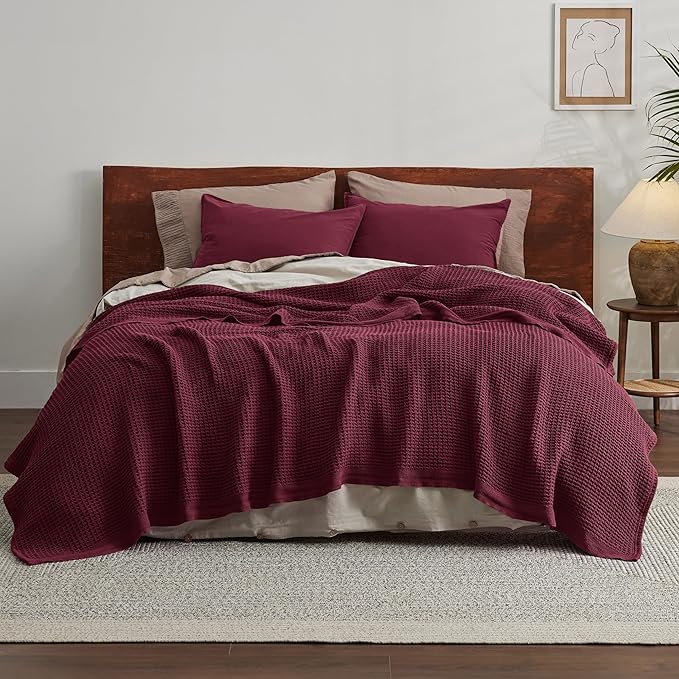 Bedsure Gentlesoft 100% Cotton Blanket King Size for Bed - Breathable and Soft, Thick Cozy Waffle Weave Christmas Blanket Gift for Women, Red, 104x90 inches