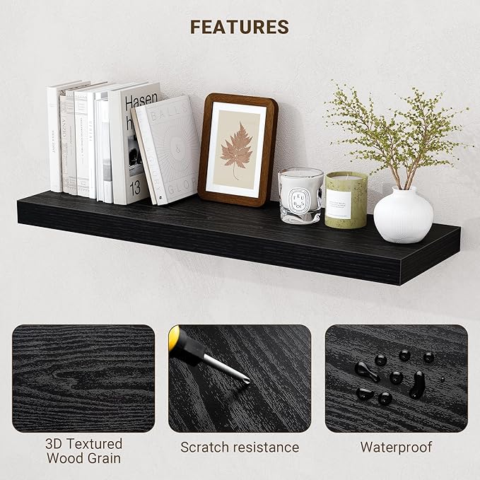 24 Inch Floating Shelves, 24"x9.25"x1.5" Inch Deep Floating Shelves for Wall, Wooden Shelves for Bathroom, Bedroom, Living Room, Black, 2 Pieces