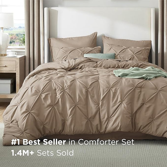Bedsure California King Comforter Set Khaki - Bed in a Bag Cal King Bedding Set 7 Pieces, GentleSoft™ Pintuck Bed Set Gift for Family, Pinch Pleat Khaki Comforter with Sheets, Pillowcases & Shams