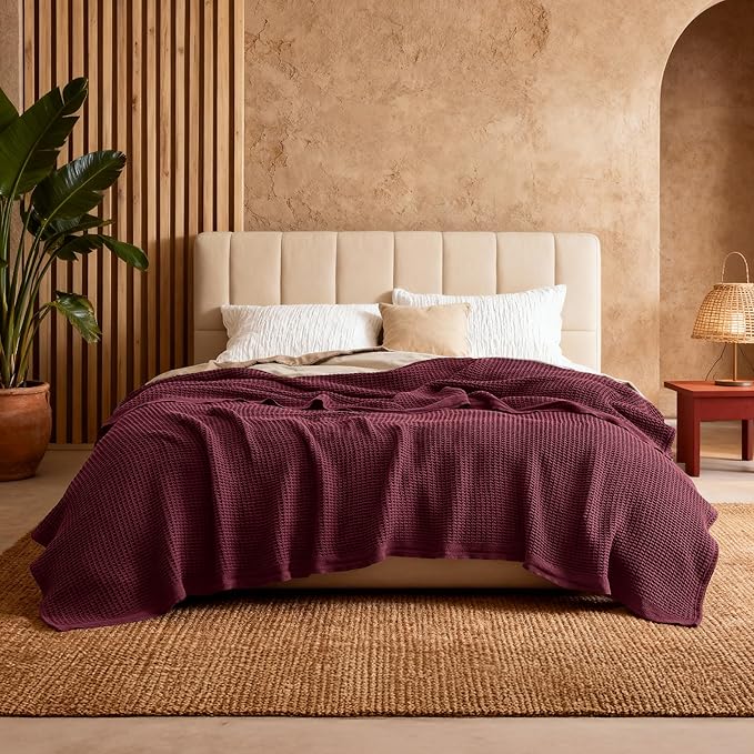 Bedsure Gentlesoft 100% Cotton Blanket King Size for Bed - Breathable and Soft, Thick Cozy Waffle Weave Christmas Blanket Gift for Women, Burgundy, 104x90 inches