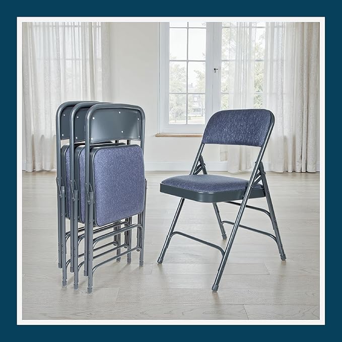 OEF Furnishings OEF2300 Series Heavy-Duty Premium Fabric Padded Upholstery Double-Hinged Triple-Braced Folding Chairs (4-Pack, Midnight Blue)