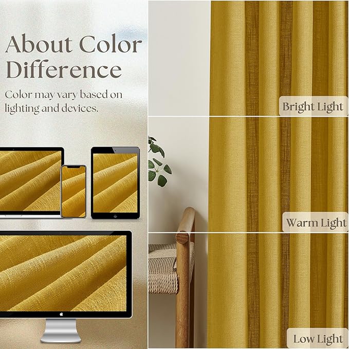 Pinch Pleated Mustard Yellow Linen Curtains 84 Inches Long 2 Panels Set for Living Room Dining Pinch Pleat Back Tab Light Filtering Farmhouse Boho Retro Window Curtain Drapes Gold Yellow Spring Decor