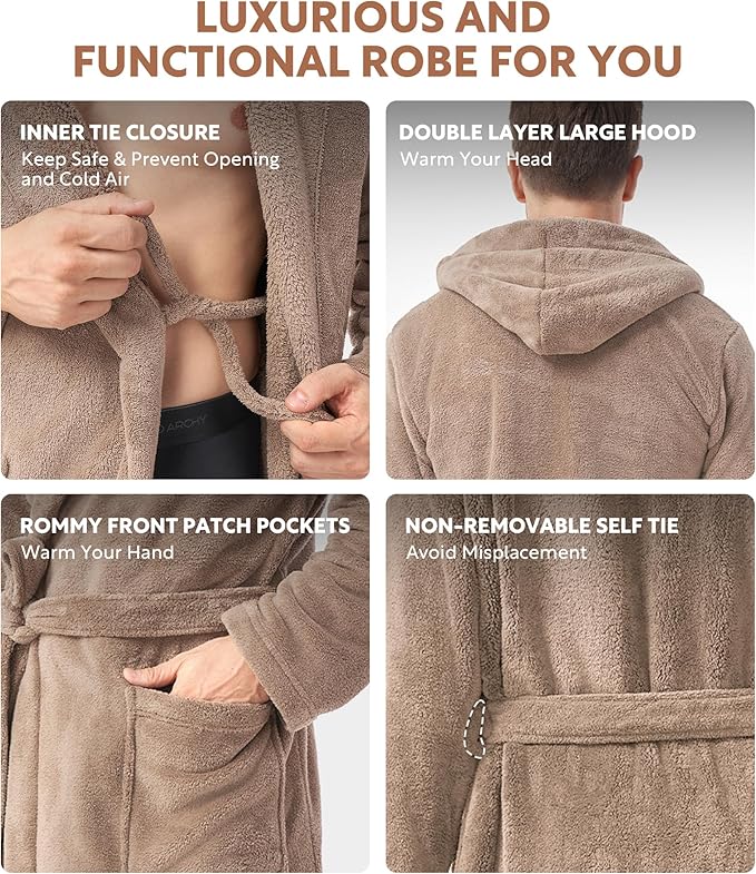 DAVID ARCHY Men's Hooded Robe Soft Coral Fleece Microfiber Bathrobe