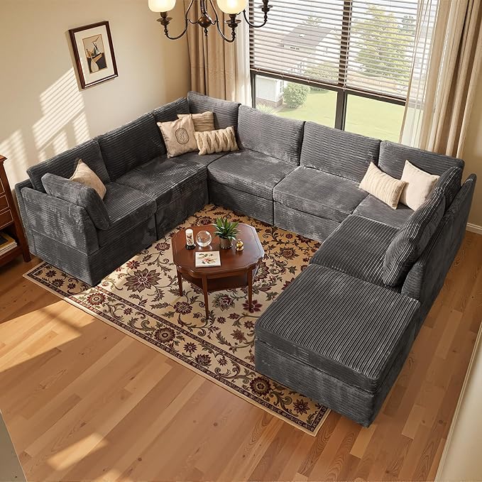 Large 8 Seat Modular Sectional Sofa with Ottoman Seat Corduroy Sleeper Sectional Sofa Bed Oversized Convertible Modular Couch for Living Room
