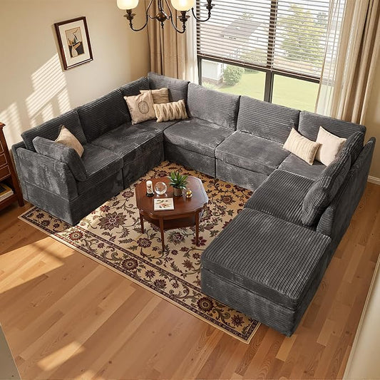 Large 8 Seat Modular Sectional Sofa with Ottoman Seat Corduroy Sleeper Sectional Sofa Bed Oversized Convertible Modular Couch for Living Room
