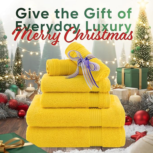 American Veteran Towel, 6 Piece Towel Set for Bathroom, 100% Cotton Turkish Bathroom Towels, 2 Bath Towels 2 Hand Towels 2 Washcloths, Yellow