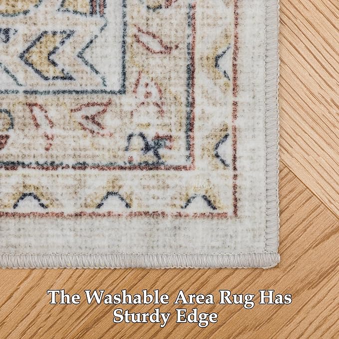 RCTJHOME 9'x12' Washable Area Rugs for Larger Living Room/Spacious Bedroom, Ultra Soft Non-Slip Accent Carpet, Dining Room,Larger Home Office, Low Pile Persian Rug Cream Beige Blue Colorful