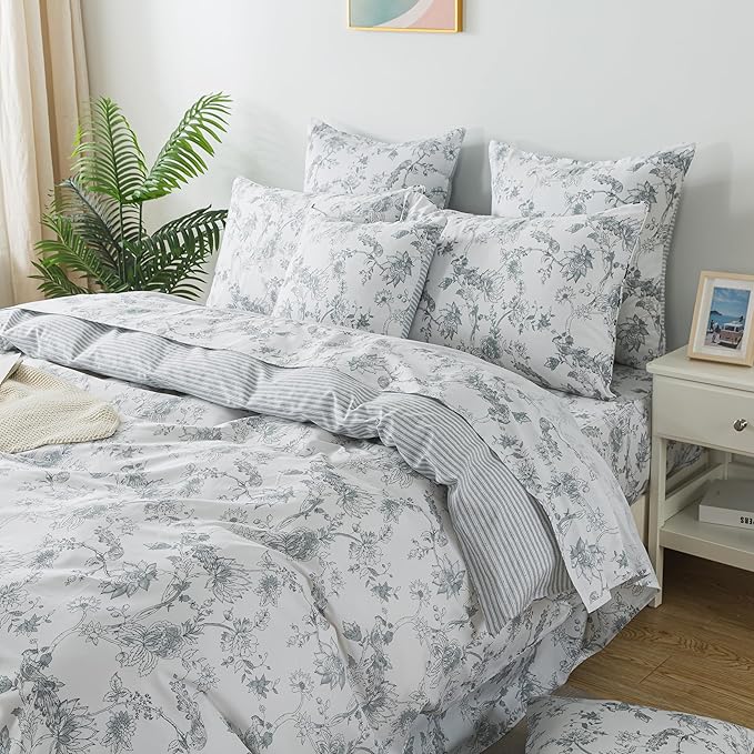 FADFAY Gray and White Duvet Cover Set Queen Shabby White Floral Bedding Vintage Bird Farmhouse Bedding Peacock Quilt Cover Set 100% Cotton Comforter Cover with Hidden Zipper Closure 3Pcs, Queen Size
