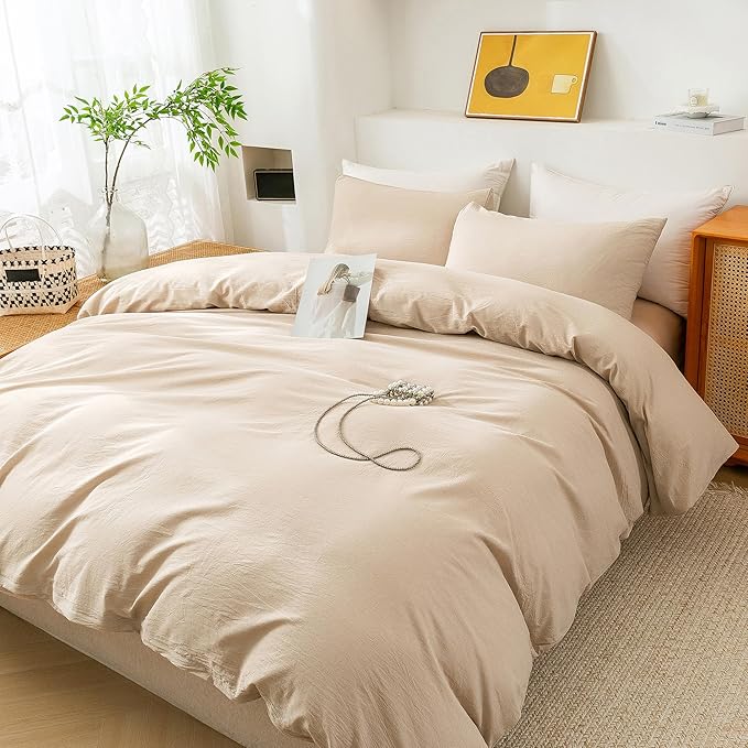 ECOCOTT Beige Duvet Cover Oversized King Size - 100% Washed Cotton Durable Soft Comfy Duvet Cover Set, 3 Pieces Duvet Cover with Zipper Closure (Khaki, 120"x 98")