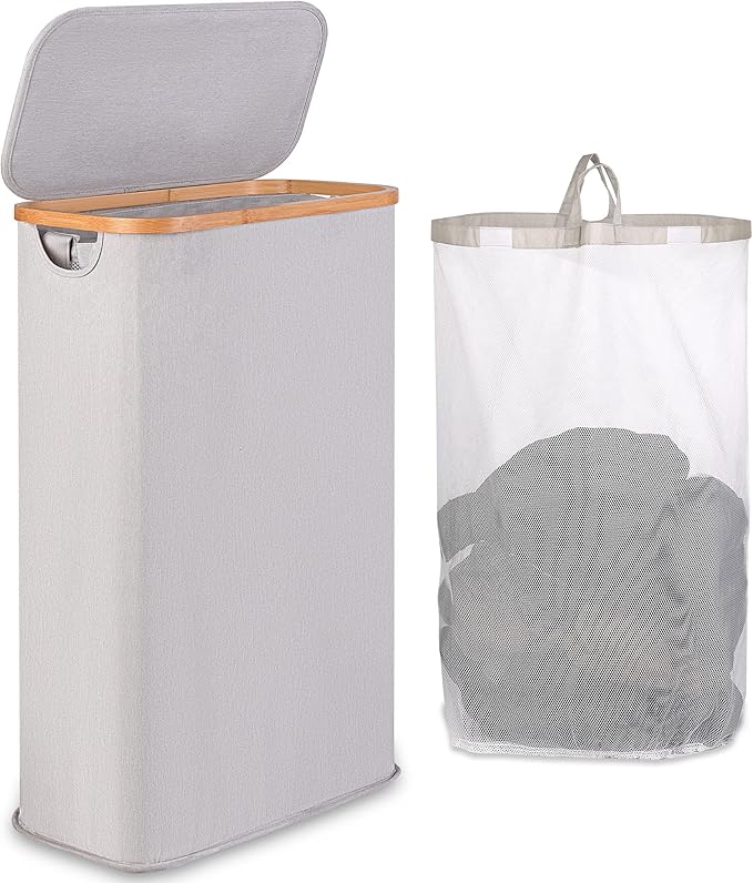 60L Slim Laundry Hamper, Narrow Laundry Basket with Lid,Foldable Clothes Hamper with Bamboo Handles,Hamper Basket with Removable Inner Bag for Laundry Room Bedroom College Dorm（Light Grey）