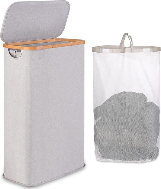 60L Slim Laundry Hamper, Narrow Laundry Basket with Lid,Foldable Clothes Hamper with Bamboo Handles,Hamper Basket with Removable Inner Bag for Laundry Room Bedroom College Dorm（Light Grey）