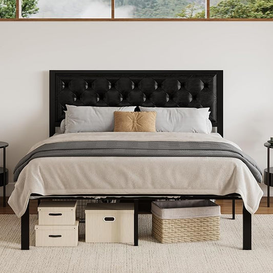 SHA CERLIN Queen Size Metal Platform Bed Frame, PU Leather Upholstered Button Tufted Headboard, Mattress Foundation with 12.4” Under-Bed Storage, Noise-Free, Easy Assembly, No Box Spring Needed, Black