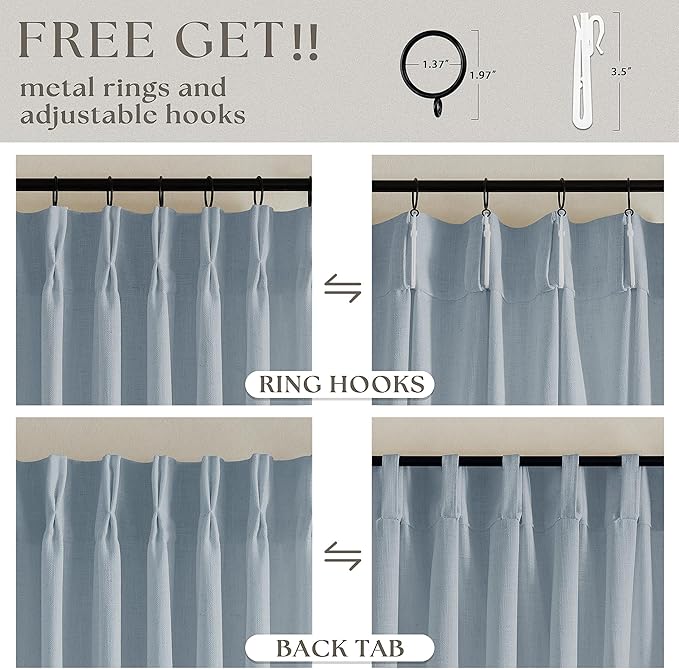 Dusty Blue Pinch Pleated Linen Curtains 84 Inches Long 2 Panels Set for Living Room Dining Pinch Pleat Back Tab Light Filtering Boho Coastal Window Curtain Drapes 84 Inch Length Light Sky Blue