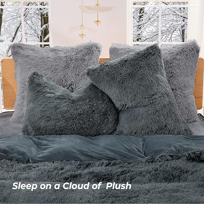 Sasttie 3-Piece Fluffy Duvet Cover King, Ultra Soft Faux Fur and Velvet Grey Comforter Cover, Luxury Fuzzy Bedding Sets for Winter Bed, Includes 1 Duvet Cover and 2 Pillowcases, No Comforter