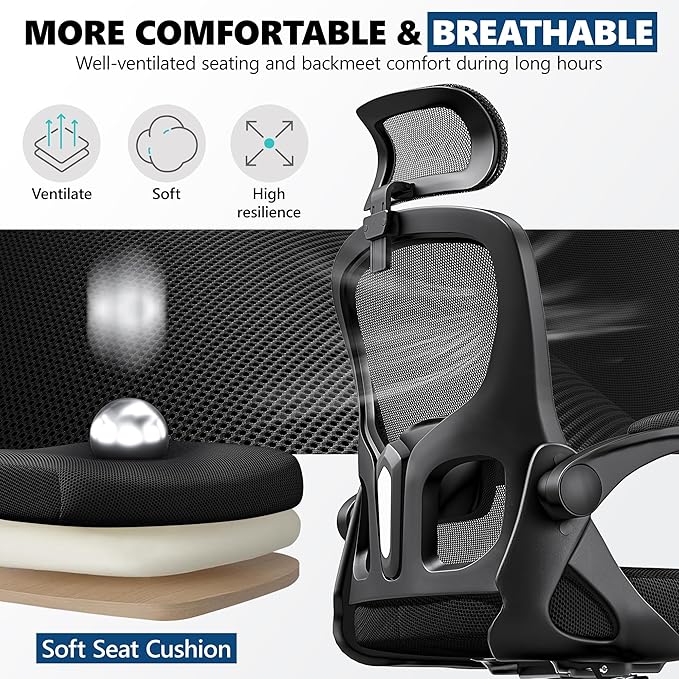 Ergonomic Office Chair - High Back Mesh Computer Desk Chair with Adjustable Lumbar Support & Headrest, Flip-Up Armrests, Tilt Function - Perfect for Gaming, Work, and Study -Black