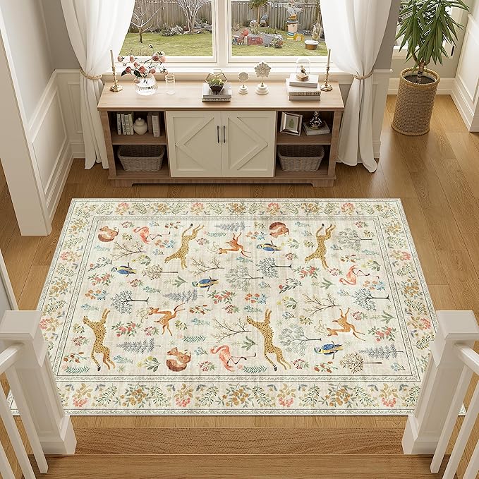 DUKINO 3x5 Rug, Washable Animal Area Rug with Non Slip Vintage Design, Indoor Soft Low Pile Carpet for Bedroom, Nursery, Dining Room, Farmhouse, Playroom, White