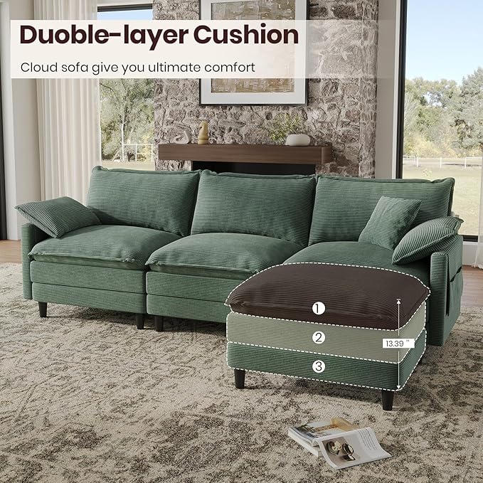 108" L Shaped Modular Sectional Cloud Couch with Ottoman, Snap-on Easy Installation 3 Seater Deep Seat Sofa with Storage Bag and Coffee Table for Living Room, Corduroy, Green