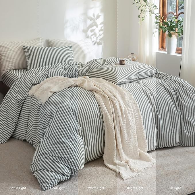 FOSSA Striped Duvet Cover Set 100% Washed Cotton Linen Feel Super Soft Breathable Cozy 3 Pieces Bedding Sets Heathered Green Classic Stripes Queen