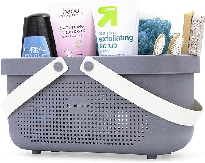 Brookstone BKH1633, Large Portable Shower Caddy with Soft Silicone Carrying Handle, Bathroom Organizer Basket, Plastic Bath Tote, Dries Quickly with Drainage Holes [BPA Free], Gray