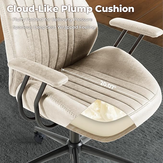 ovios Ergonomic Office Chair, High Back Faux Leather Executive Chairs with Armrests, Comfy High-Century Modern Swivel Rolling Computer Armchair (Beige, Suede Leather)