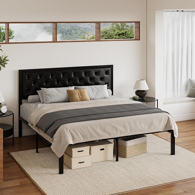 SHA CERLIN King Size Metal Platform Bed Frame, PU Leather Upholstered Button Tufted Headboard, Mattress Foundation with 12.4” Under-Bed Storage, Noise-Free, Easy Assembly, No Box Spring Needed, Black