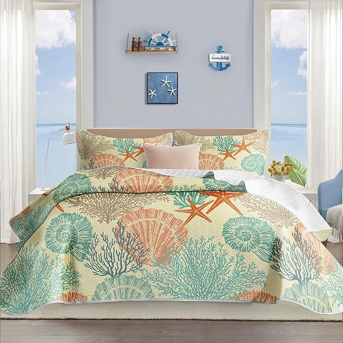 Tritard 3 Piece Coastal Quilt Sets Full/Queen Size - Reversible Microfiber Quilts with 2 Shams Soft Lightweight Beach Bedding Nautical Bedspread Coverlet Summer Comforter for All Season, 90''x96'', C4