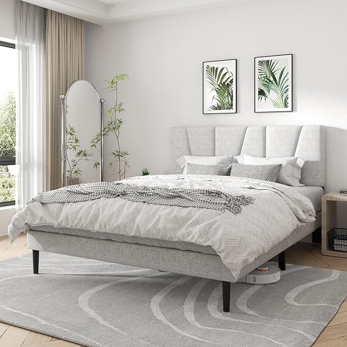 Full Size Platform Bed Frame with Geometric Upholstered Headboard, Noise Free, Wooden Slats Support, No Box Spring Needed, Easy Assembly, Light Grey, Linen