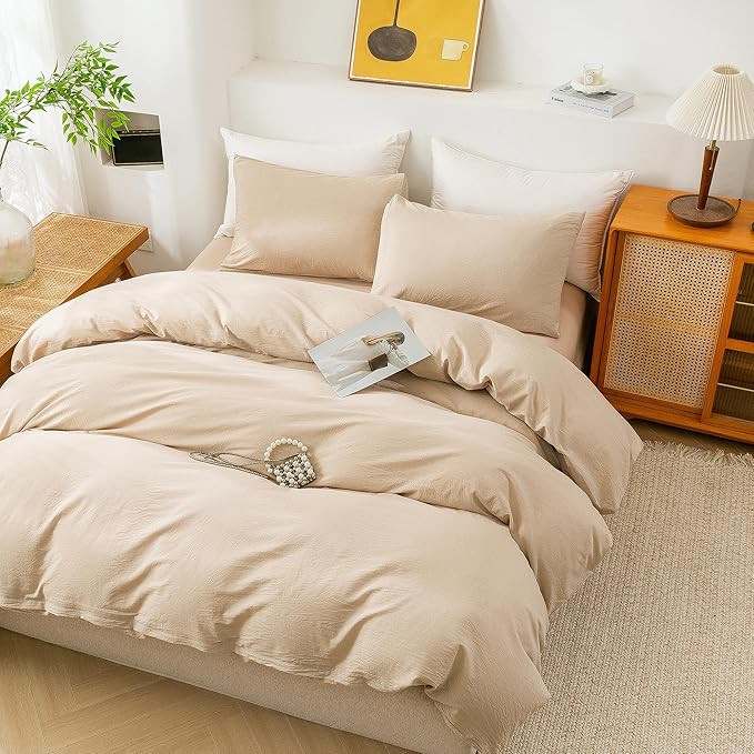 ECOCOTT Duvet Cover Set, 100% Washed Cotton Linen-Like Soft & Breathable, Durable Comfy Bedding Set for All Seasons (Khaki, Twin)
