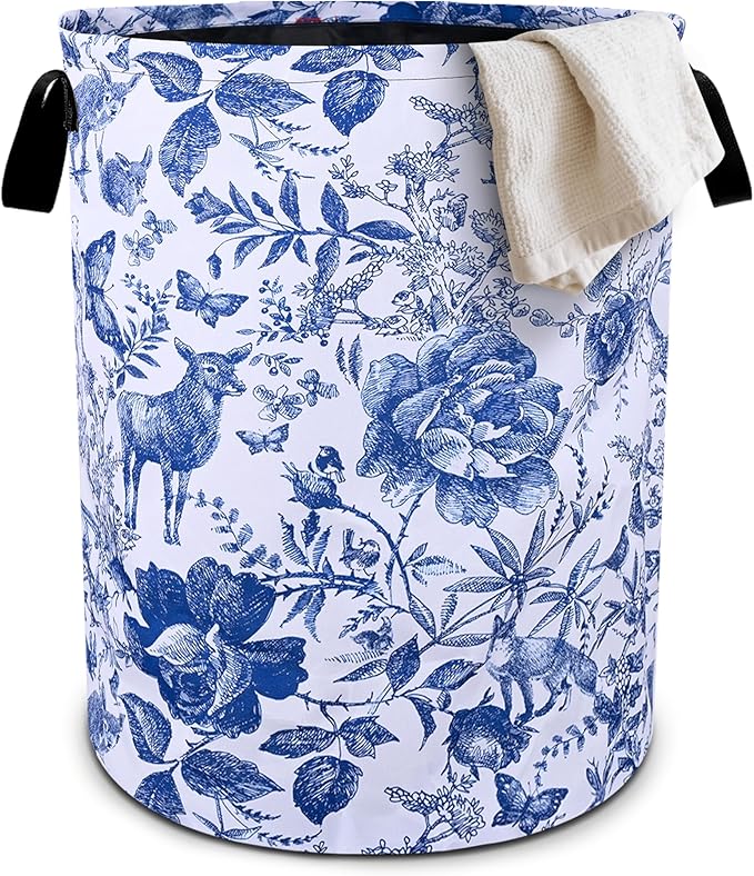 Blue Floral Laundry Basket Foldable Oxford Cloth Tote Bag Laundry Hamper Clothes Storage Bucket Organizer For Bathroom/Laundry Storage/Bedroom 19.6x15.7 Inch