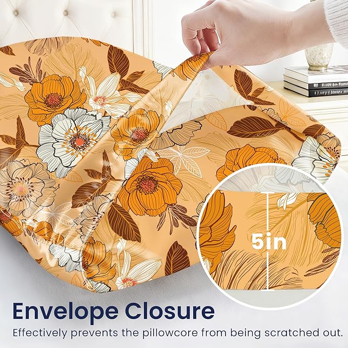 EXQ Home Satin Pillowcase for Hair and Skin Queen - Printed Autumn Flowers Silk Pillow Cases 2 Pack 20x30 inches - Satin Pillow Cases Set of 2 with Envelope Closure, Gifts for Women Men