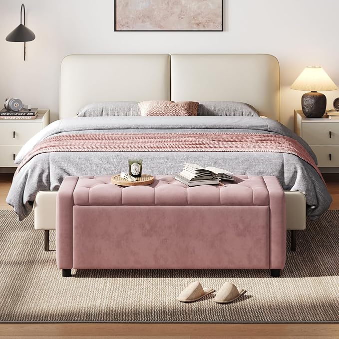 LINSY 50 Inches Wide Storage Ottoman Bench, Upholstered Foot Rest Stool, Long Bench Footstool, Couch Ottoman, Ottomans for Living Room, Entryway, End of Bed Storage Bench for Bedroom (Pink)