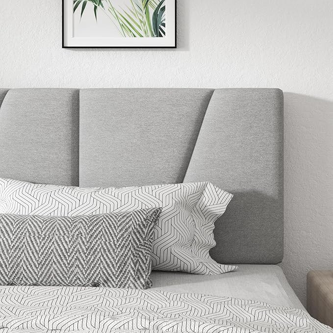 Queen Size Platform Bed Frame with Geometric Upholstered Headboard, Noise Free, Wooden Slats Support, No Box Spring Needed, Easy Assembly, Light Grey, Linen