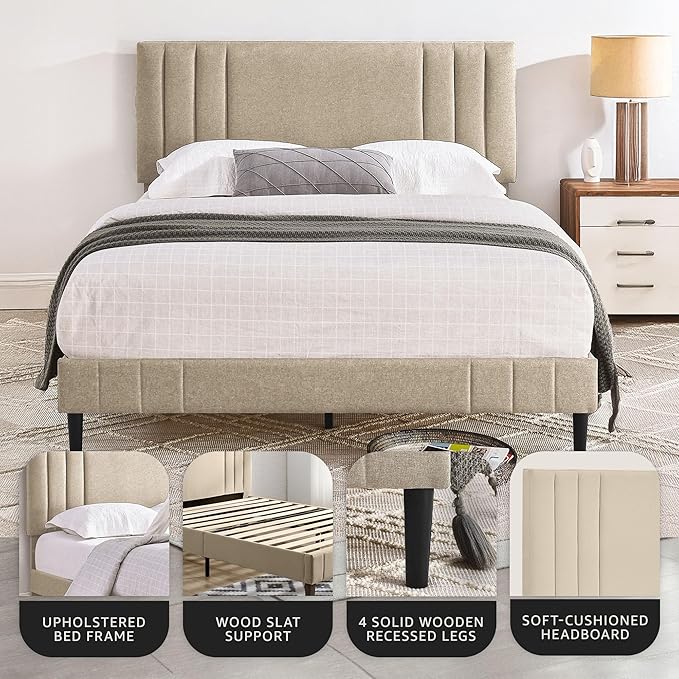 Decoro Chicago Modern Tufted Upholstered Platform Full Size Bed Frame, Linen