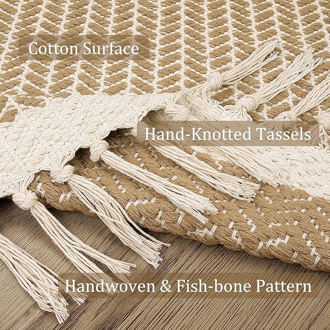 Lahome Boho Kitchen Runner, 2x4.3 Bathroom Runner Rug Lightweight Entryway Rugs Woven Cotton Throw Mat with Tassels, Farmhouse Non Shedding Washable Rug Low Pile Runners for Bedroom Doorway, Khaki
