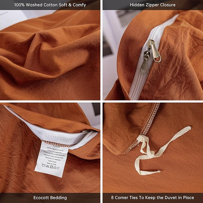 ECOCOTT Brown Duvet Cover King Size, 3 Piece 100% Washed Cotton 1 Duvet Cover with Zipper and 2 Pillowcases, Ultra Soft and Easy Care Breathable Cozy Bedding Set (Brown,King)