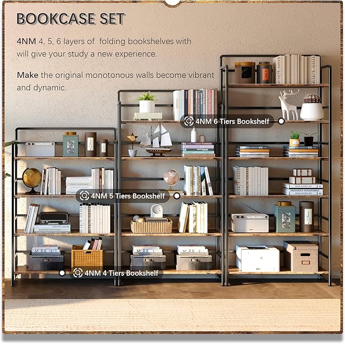 4NM No Assembly Extra Wide 4 Tiers Folding Bookshelf Storage Shelves Vintage Bookcase Standing Racks Study Organizer Home Office (Rustic Brown Black)