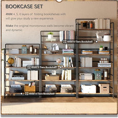 4NM No Assembly Extra Wide 5 Tiers Folding Bookshelf Storage Shelves Vintage Bookcase Standing Racks Study Organizer Home Office (Rustic Brown Black)