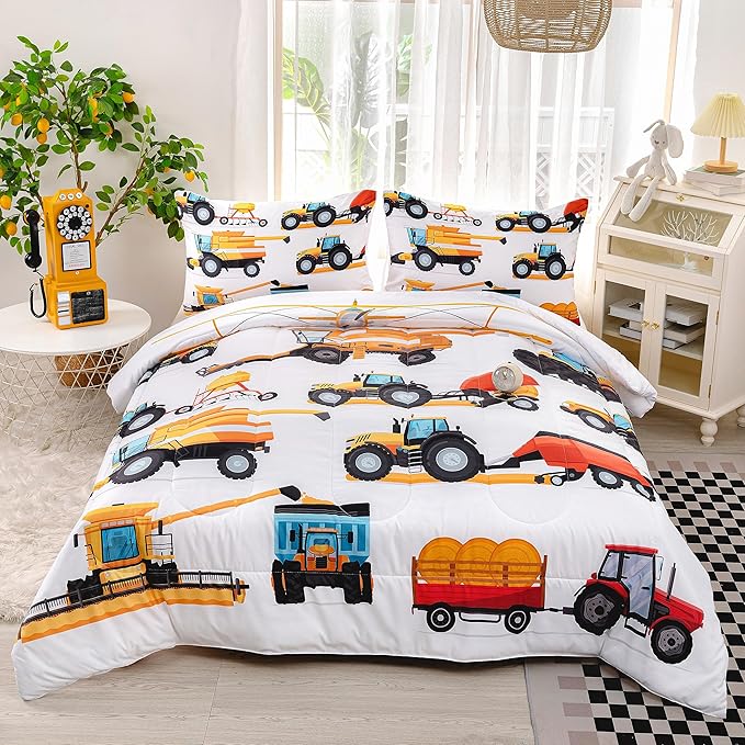 CVHOUSE Tractor Bedding Set for Boys - Twin Excavator Comforter & Trucks Tractors Cars Quilt Set with 1 Comforter and 2 Pillow Cases - 3 Piece