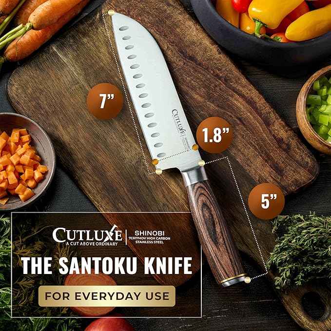 Santoku Knife – Ultra Sharp 7 Inch Meat and Vegetable Japanese Knife for Chopping, High Carbon Stainless Steel Blade, Full Tang Pakkawood Handle – Shinobi Series