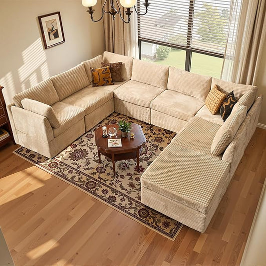 Large 8 Seat Modular Sectional Sofa with Ottoman Seat Corduroy Sleeper Sectional Sofa Bed Oversized Convertible Modular Couch for Living Room