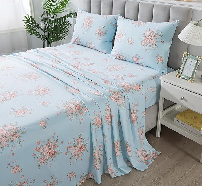 FADFAY Sheets Set Queen Blue Rose Floral Bedding Rustic Peony Flower Bed Sheet Set Vintage Farmhouse Bedding 100% Cotton Ultra Soft Breathable Beddings with Deep Pocket Fitted Sheet 4Pcs, Queen Size