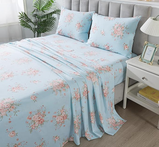 FADFAY Sheets Set Twin Blue Rose Floral Bedding Rustic Peony Flower Bed Sheet Set Vintage Farmhouse Bedding 100% Cotton Ultra Soft Breathable Sheet with Deep Pocket Fitted Sheet 4Pcs, Twin Size