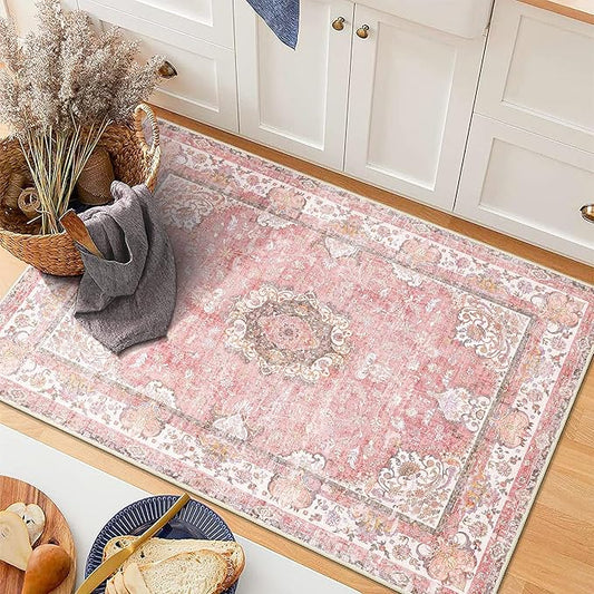 Small Rugs 2'x3',Pink Rug for Entryway Bathroom Kitchen Entrance Doormat,Boho Vintage Bohemian Distressed Washable Accent Indoor Mat Floor Throw Carpet Non Slip,Blush Floral Flowers