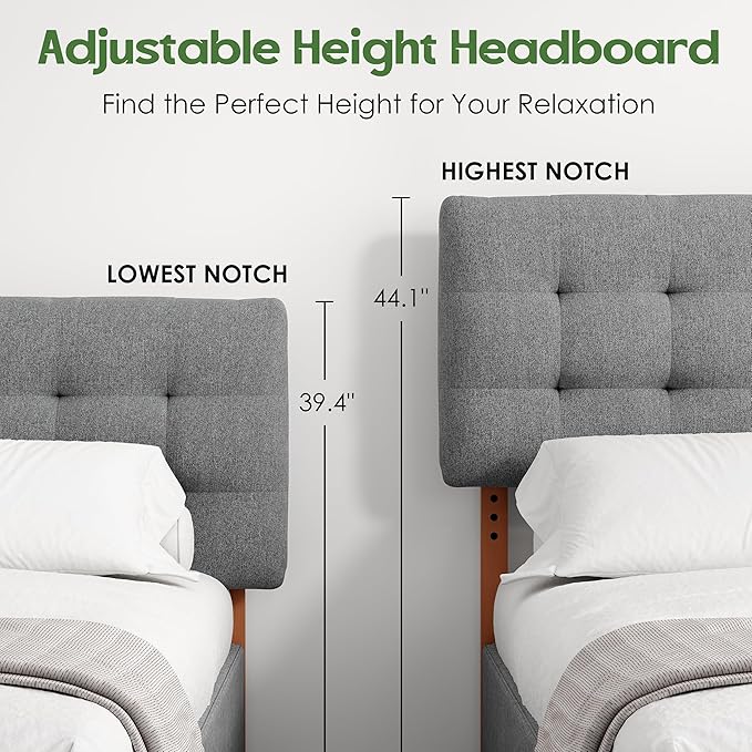 Tufted Upholstered King Headboard, King Size Headboard Only with Durable Solid Wood Legs, Modern Button Diamond Fabric Head Board with Adjustable Height from 39" to 44" and Width Adapters, Grey