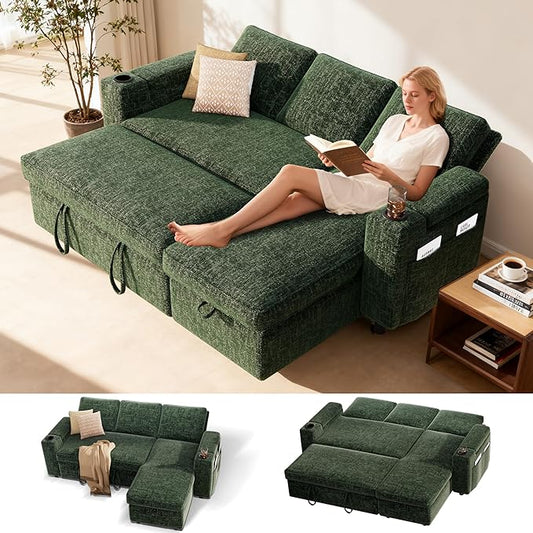 Sunny Heart L-Shaped Sleeper Sofa with Pull Out Bed, 82" Sectional Couch with Reclining Backrest, Reversible Storage Chaise, Armrest Storage, Cup Holders, Side Pockets, Tool-Free Assembly, Green