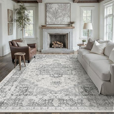 Gray 8x10 Area Rug Washable Vintage Living Room Carpet Non Slip Retro Distressed Low Pile Soft Oriental Medallion Thin Large Grey Throw Rug for Office Bedroom Dining Room Playroom