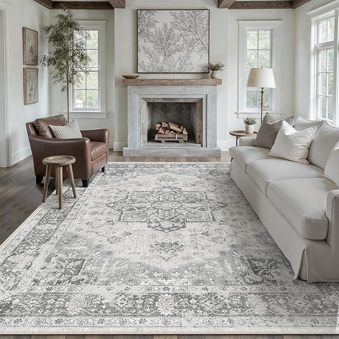 Gray 8x10 Area Rug Washable Vintage Living Room Carpet Non Slip Retro Distressed Low Pile Soft Oriental Medallion Thin Large Grey Throw Rug for Office Bedroom Dining Room Playroom