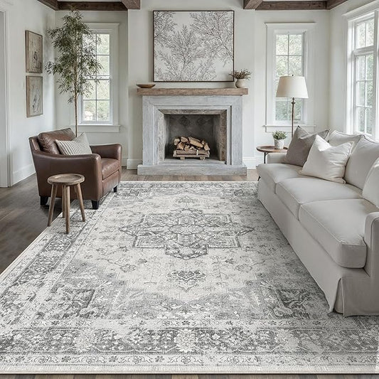 Gray 8x10 Area Rug Washable Vintage Living Room Carpet Non Slip Retro Distressed Low Pile Soft Oriental Medallion Thin Large Grey Throw Rug for Office Bedroom Dining Room Playroom