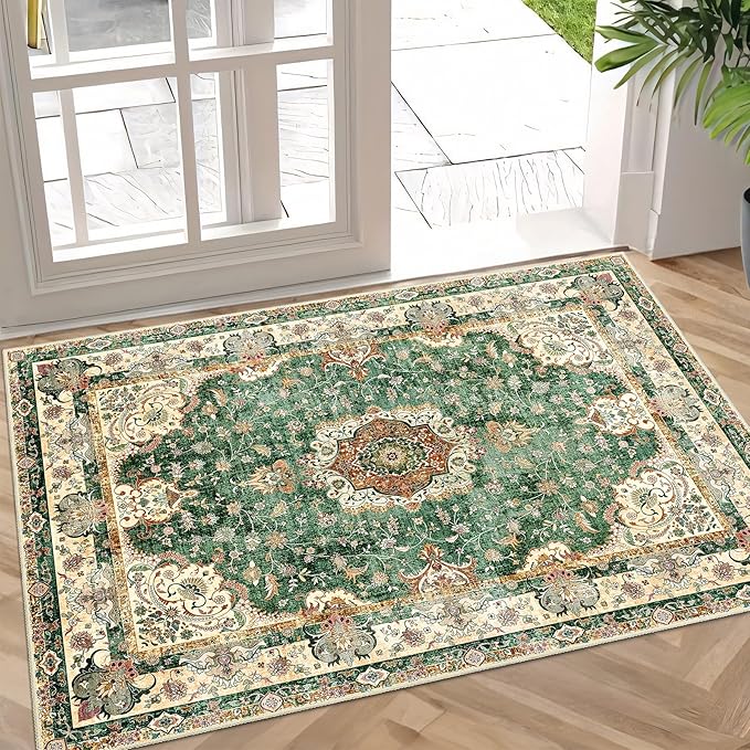 Small Rugs 2'x3',Green Rug for Entryway Bathroom Kitchen Entrance Doormat,Boho Vintage Bohemian Distressed Washable Accent Indoor Mat Floor Throw Carpet Non Slip,Retro Sage Floral